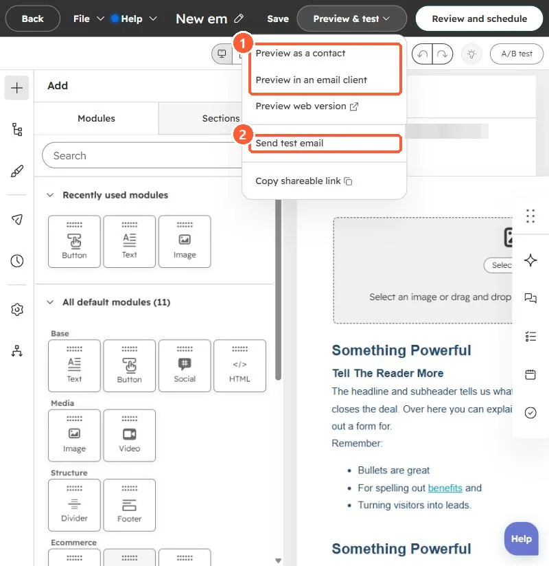 Preview and test menu with Preview as a contact, Preview in an email client, Preview web version, Send test email and Copy shareable link
