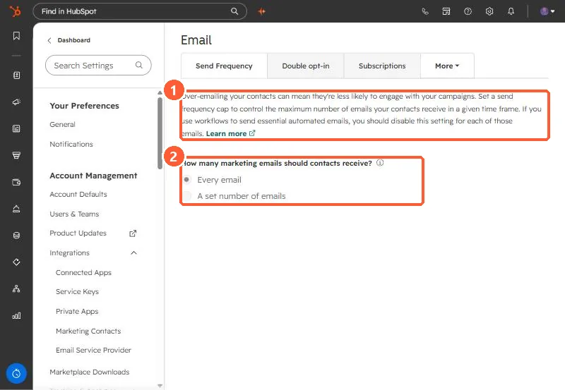 Send Frequency tab with the explanation and the Every email and A set number of emails options highlighted