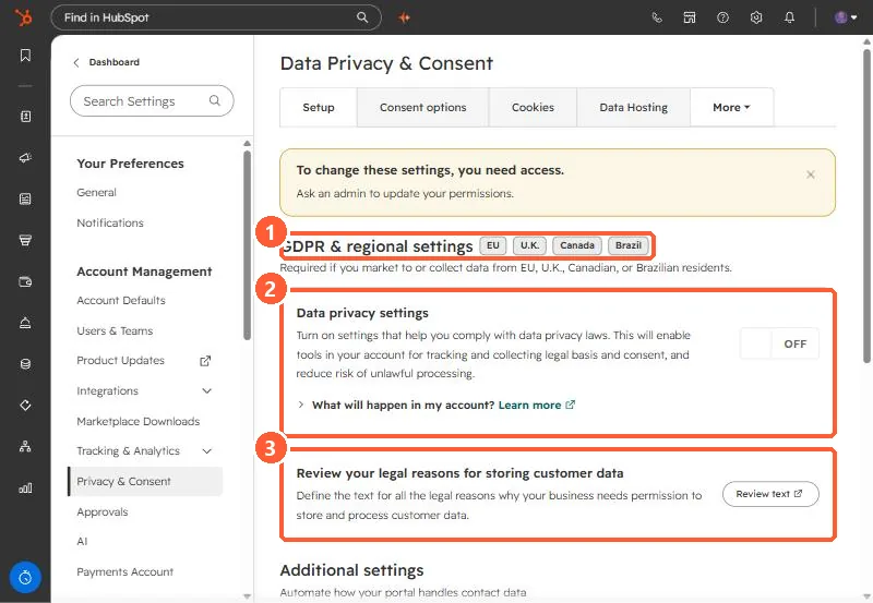 Data Privacy and Consent setup tab with the regional badges, the Data privacy settings toggle, and the legal reasons card highlighted