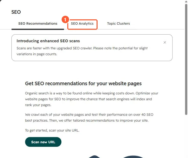 SEO tool with SEO Recommendations, SEO Analytics and Topic Clusters tabs