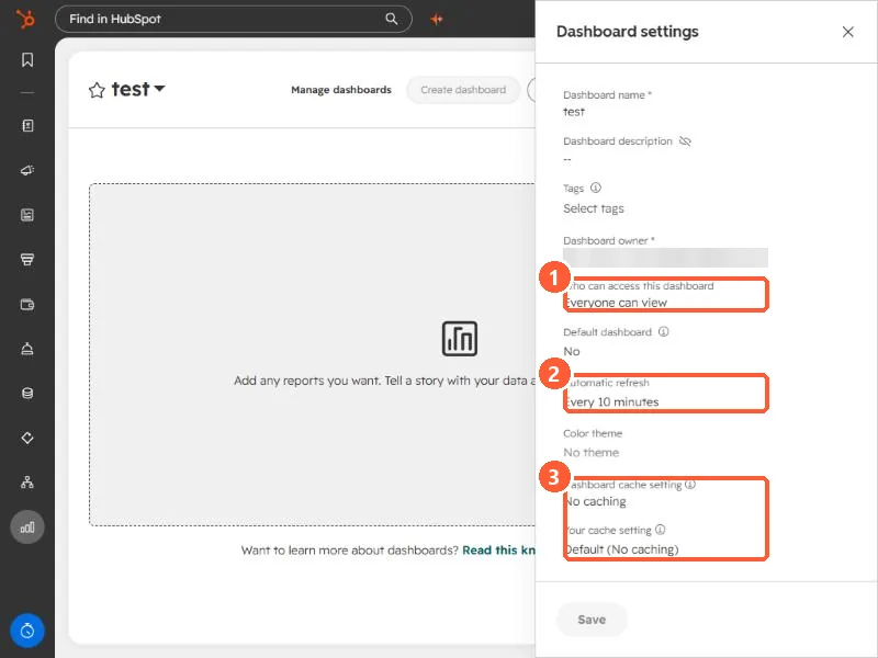 Dashboard settings panel with the access, automatic refresh, and cache settings highlighted