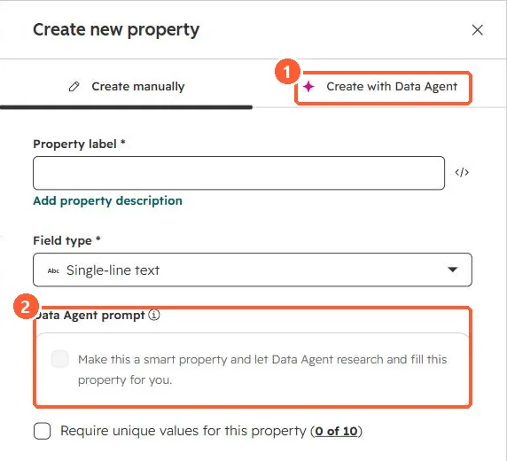 Create new property panel with Create with Data Agent tab and a Data Agent prompt smart property checkbox