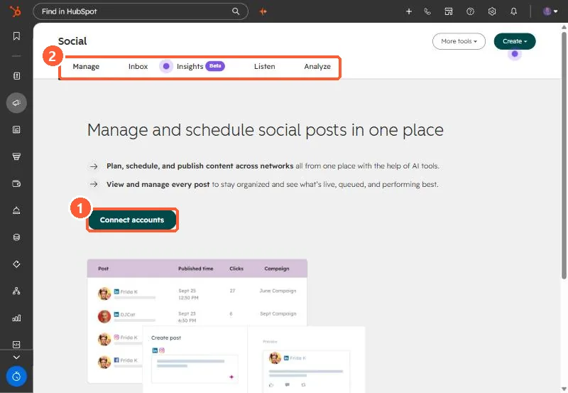 Social tool empty state with Connect accounts button and Manage, Inbox, Insights, Listen, Analyze tabs