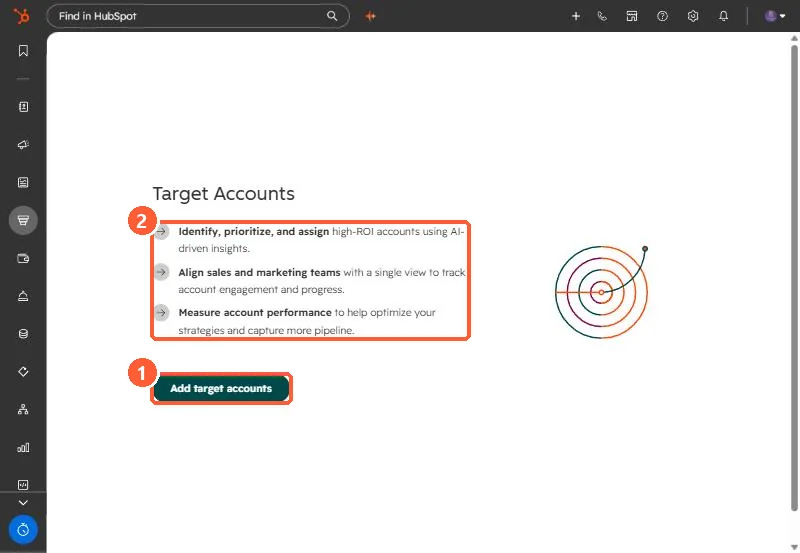 Target Accounts start screen with Add target accounts button