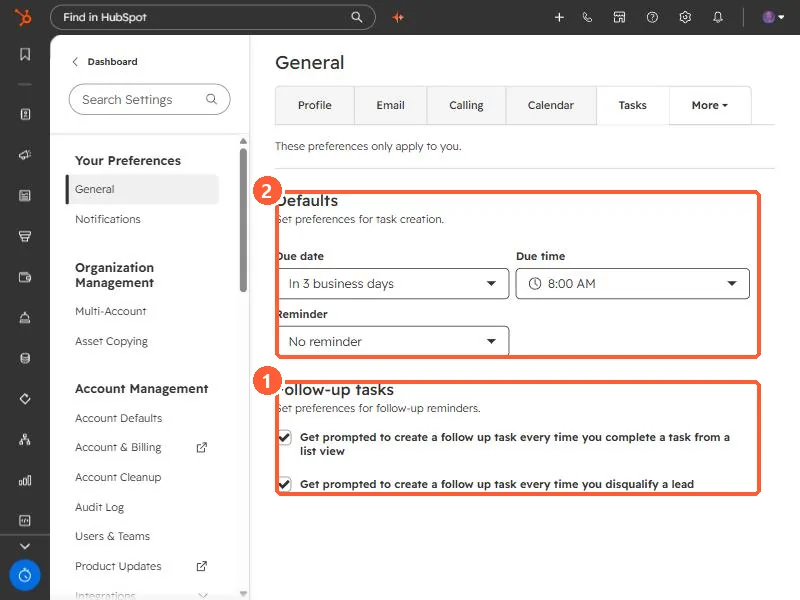 Tasks preferences with Follow-up tasks checkboxes and default due date, time and reminder
