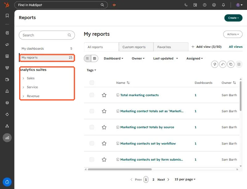 Reports page listing My dashboards, My reports, and Analytics suites for Sales, Service, and Revenue highlighted