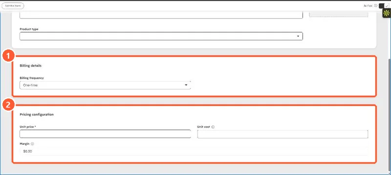 Create product form with Billing details and a Pricing configuration section showing Unit price, Unit cost and Margin