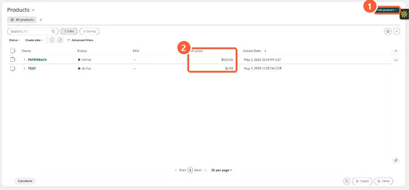 Products index with two products, a Unit price column and an Add products button