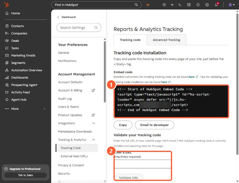 Tracking & Analytics settings Tracking code tab showing the embed code and the Validate your tracking code section highlighted