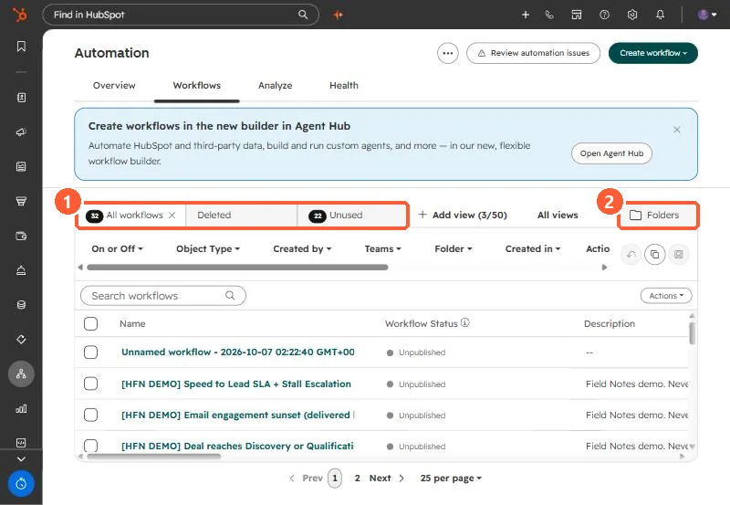 Workflows tab with All workflows, Deleted and Unused views and an Agent Hub banner
