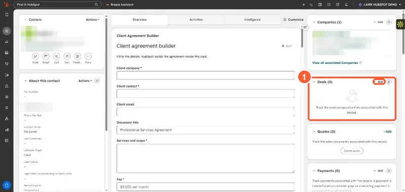 Contact record with the About section and right sidebar cards