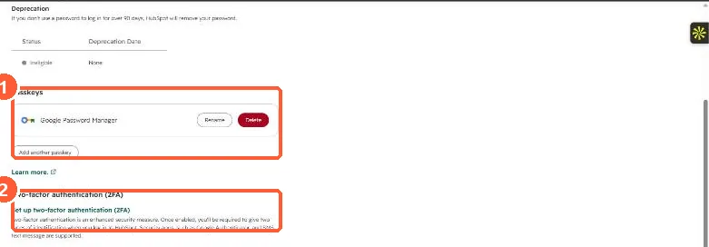 User security settings with a Passkeys section listing Google Password Manager and a Two-factor authentication section