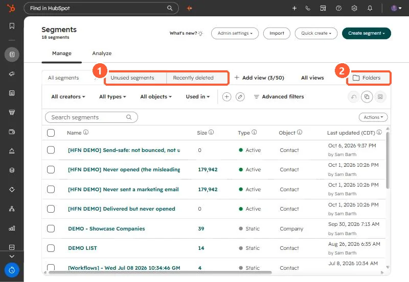Segments index with All segments, Unused segments and Recently deleted tabs, Folders button and Used in filter