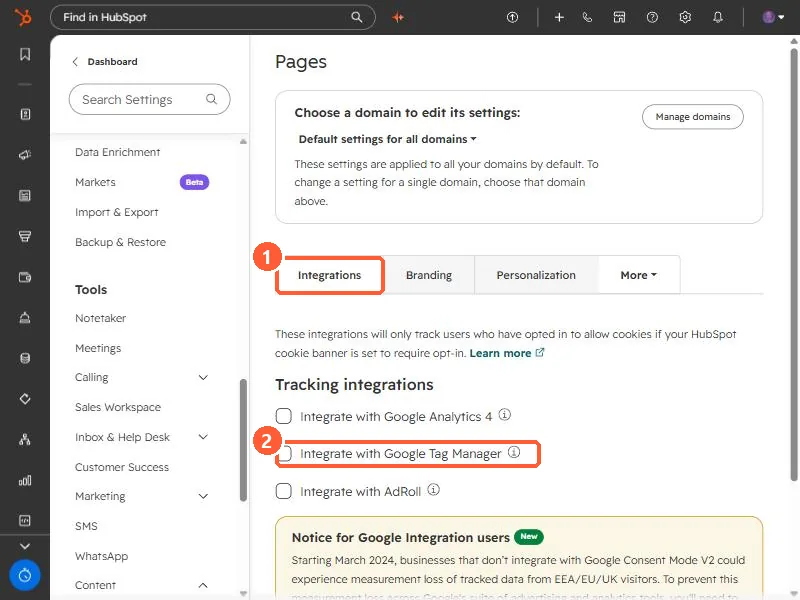 Pages settings Integrations tab with Integrate with Google Analytics 4, Google Tag Manager and AdRoll checkboxes