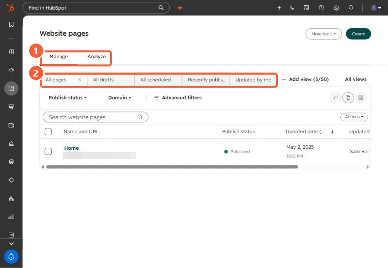 Website pages list with Manage and Analyze tabs, saved views, publish status and domain filters