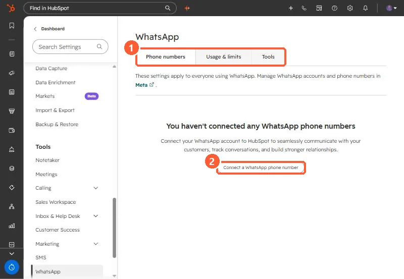 WhatsApp settings with Phone numbers, Usage and limits, and Tools tabs and a Connect a WhatsApp phone number button