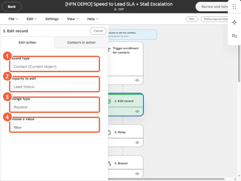 Edit record action panel with record type, property to edit, change type, and value highlighted