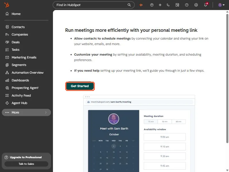 HubSpot meetings tool introduction page with the Get Started button highlighted